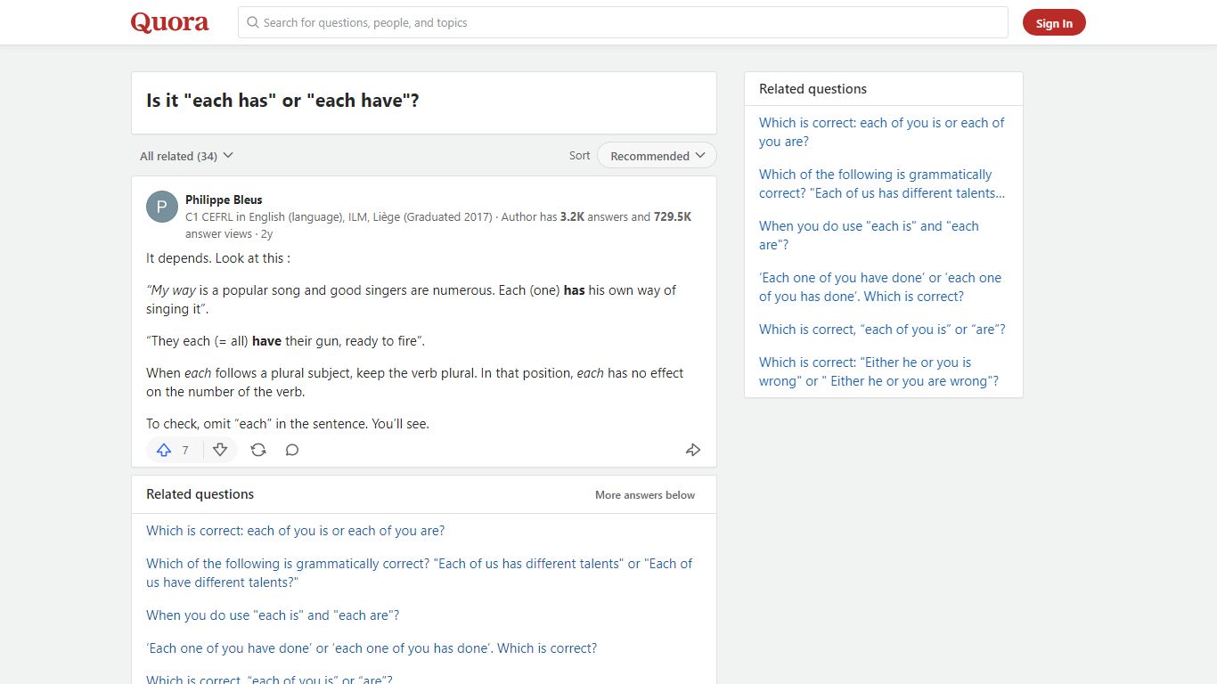 Is it 'each has' or 'each have'? - Quora